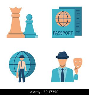 Diplomacy and spy agent icon set in flat style. Vector illustration. Stock Vector