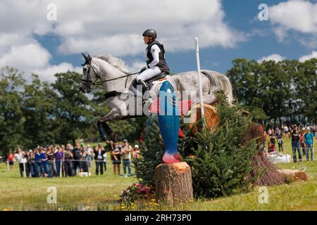 Le Pin Au Haras, France. 12th Aug, 2023. Malin HANSEN-HOTOPP (GER) CARLITOS QUIDDITCH K competes during the cross-country event and took the 20 th rank at this event, at the FEI Eventing European Championship 2023, Equestrian CH-EU-CCI4-L event on August 12, 2023 at Haras du Pin in Le Pin-au-Haras, France - Photo Stephane Allaman/DPPI Credit: DPPI Media/Alamy Live News Stock Photo