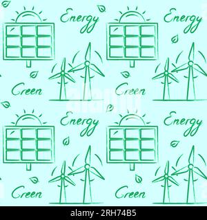 Ecology seamless pattern with Green Energy lettering and eco symbols - solar panel and wind turbine. Repeating texture with electricity production ico Stock Vector