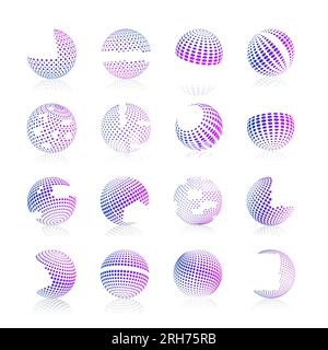 Color gradient sphere with halftone fill and mirror reflection, isolated on white background, vector illustration. Stock Vector