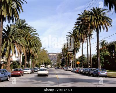 LOS ANGELES, USA - JUNE 14 , 2019: Hollywood sign seen from North Beachwood Drive, a quiet area below the most famous hill of Los Angeles. Stock Photo