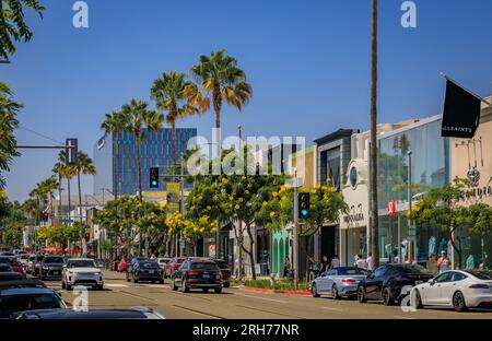 Beverly Hills, USA - August 4, 2023: Shops on Rodeo Drive, high end shopping district known for designer and haute couture fashion in Los Angeles Stock Photo