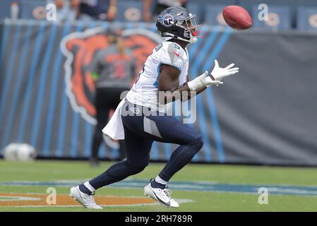 Tennessee Titans wide receiver Kearis Jackson (5) celebrates his touchdown  reception with quarterback Malik Willis (7) in the second half of an NFL  preseason football game against the New England Patriots Friday