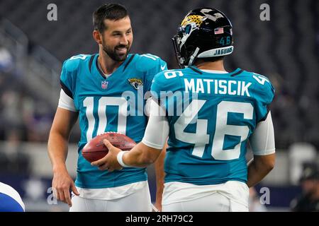 Dallas Cowboys place-kicker Brandon Aubrey (1) prepares to kick the ball  during an NFL Football game in Arlington, Texas, Saturday, August 12, 2023.  (AP Photo/Michael Ainsworth Stock Photo - Alamy