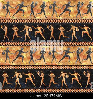 Seamless pattern with ancient Greek Olympic athletes. In the style of ancient Greek art of painting a vase. Hand drawn watercolor. On a textured backg Stock Photo