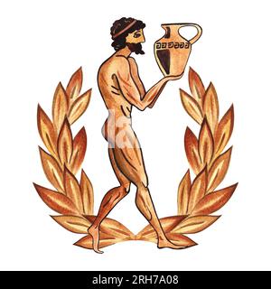 Composition with ancient Greek athletes with amphora and laurel crown. In the style of ancient Greek art painting. Hand drawn watercolor illustration. Stock Photo