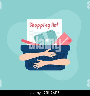 Two hands hugging a supermarket basket with a shopping list, a wallet and a credit card inside. Vector flat illustration Stock Vector