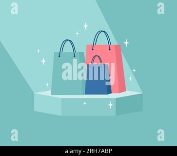 Paper bags group vector illustration. Empty shopping bags with assorted  colors isolated in white for fashion and store market design elements.  Stock Vector