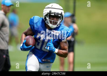 Detroit Lions running back Devine Ozigbo (30) watches from the sideline  during an NFL preseason football game against the Carolina Panthers,  Friday, Aug. 25, 2023, in Charlotte, N.C. (AP Photo/Brian Westerholt Stock