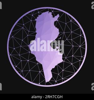 Tunisia icon. Vector polygonal map of the country. Tunisia icon in geometric style. The country map with purple low poly gradient on dark background. Stock Vector