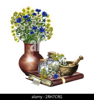 Medicinal herbs, chamomile and tansy, cornflowers. Wildflowers in a pottery vase. Wooden mortar and glass vials on an old recipe book. Watercolor hand Stock Photo