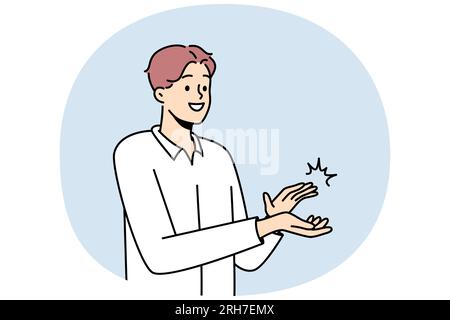 Smiling man clapping hands thanking or showing appreciation. Happy businessman applaud celebrate good deal. Acknowledgement and gratitude. Vector illustration. Stock Vector