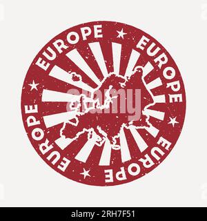 Europe stamp. Travel red rubber stamp with the map of continent, vector illustration. Can be used as insignia, logotype, label, sticker or badge of th Stock Vector