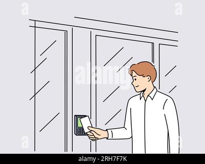 Business man uses key card for open electronic lock on door and gain access to office space. Guy enters buildings by sending key card to device to identify visitors and ensure security Stock Vector