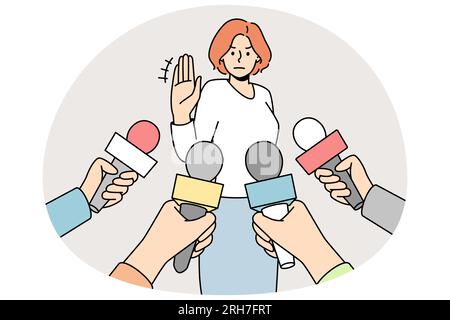 Woman make no comment gesture at interview with reporters. Determined female show stop hand sign refuse talk with journalists. Vector illustration. Stock Vector