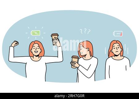Woman before and after drinking coffee. Female get energy from hot espresso. Active life and caffeine refreshment. Vector illustration. Stock Vector