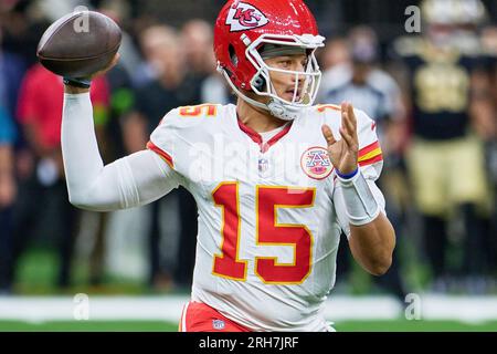 New Orleans, Louisiana, USA. 13th Aug, 2023. Kansas City Chiefs quarterback Patrick Mahomes looks to throw the ball against the New Orleans Saints in an NFL preseason game in New Orleans, Louisiana USA on August 13, 2023. The Saints beat the Chiefs 26 to 24. (Credit Image: © Dan Anderson/ZUMA Press Wire) EDITORIAL USAGE ONLY! Not for Commercial USAGE! Stock Photo
