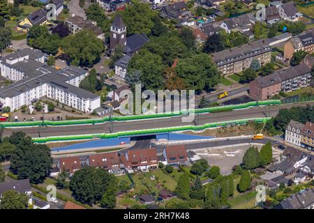 Aerial view, green noise barrier at railroad line, at Martin-Luther-Quartier, construction site at Haus-Horl-Straße, Prosperstraße, Dellwig, Essen, Ru Stock Photo