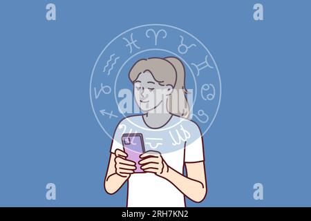 Woman reads astrological horoscope forecast on phone or finds out compatibility with zodiac signs. Horoscope wheel near girl with smartphone using mobile application with aracul predicting future Stock Vector