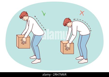 Correct technique of lifting heavy packages. Man lift box wrong and right. Back health safety concept. Flat vector illustration. Stock Vector