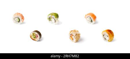 Set of sushi rolls with shrimp, salmon, cheese, avocado isolated on white background, close-up, advertising, banner. Stock Photo