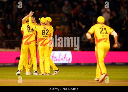 Trent Rockets players celebrate winning The Hundred match at Sophia Gardens, Cardiff. Picture date: Monday August 14, 2023. Stock Photo