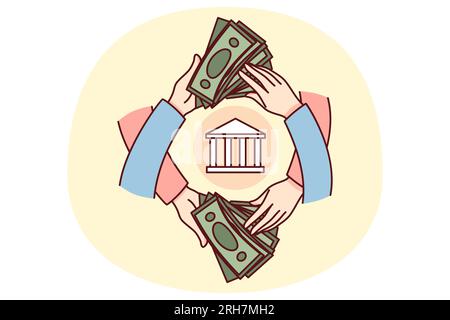 People holding dollar banknotes making financial operations through bank. Hands with money bills transfer or transaction. Economy concept. Vector illustration. Stock Vector