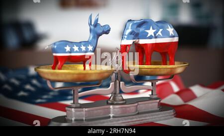 Republican and Democrat party political symbols elephant and donkey on American flag. 3D illustration. Stock Photo