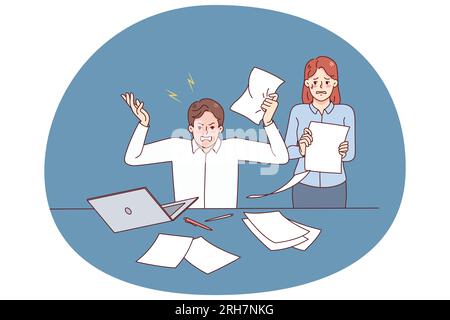 Furious boss yelling lecturing scared female secretary in office. Man businessman stressed at workplace scolding employee throwing papers. Vector illustration. Stock Vector
