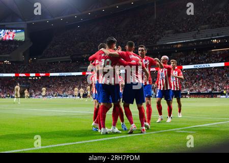 Madrid, Spain. 14th Aug, 2023. MADRID, SPAIN - AUGUST 14: Several players of Atletico de Madrid Celebrates a goal of Atletico de Madrid during the LaLiga EA Sports 2023/24 match between Atletico de Madrid and Granada at Civitas Metropolitano Stadium in Madrid on AUGUST 14, 2023. ( Credit: Guillermo Martinez/Alamy Live News Stock Photo