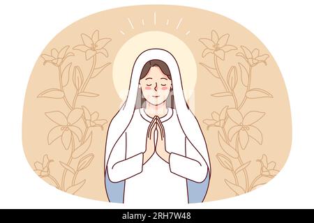 Virgin Mary surrounded by lilies praying. Mother of Jesus Christ in prayer. Faith and religion. Vector illustration. Stock Vector