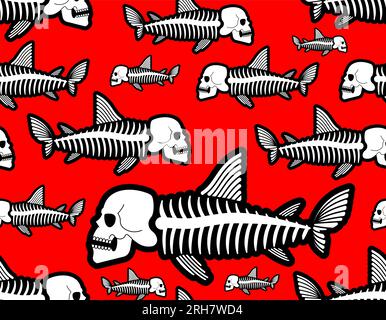 Skeleton of fish with skull pattern seamless. Vector texture Stock Vector