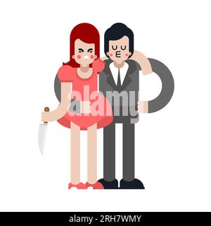 Changing wife. girl betrayed. Woman traitor with knife. Concept of sticking a knife in husband's back. Stock Vector