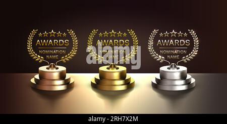 Awards nomination name podium, awards golden prize event, first place, second place, third place, scene star ceremony. Vector Stock Vector