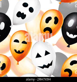 Watercolor Halloween seamless pattern with balloons illustration with scary faces. Hand painting orange, black, white balloon sketch isolated on white Stock Photo