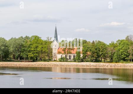 Koknese Evangelical Lutheran church on the bank of river Daugava. Stock Photo