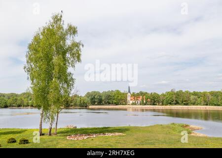 A view of Koknese Evangelical Lutheran church on the bank of river Daugava from memorial park Liktendarzs (The Garden of Destiny). Stock Photo