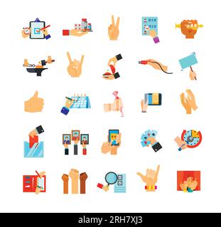 Hands holding different objects icon set Stock Vector