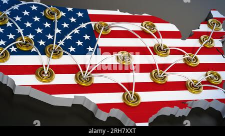 Network of travel points on usa map. 3D illustration. Stock Photo