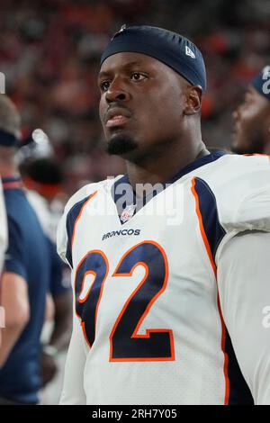 Denver Broncos defensive lineman Jonathan Harris (92) walks on the  sidelines before the second half of an NFL football game against the Tennessee  Titans Sunday, Nov. 13, 2022, in Nashville, Tenn. (AP