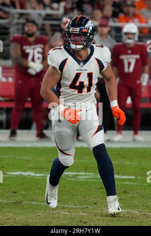 Denver Broncos linebacker Drew Sanders (41) makes an interceptionagainst  the Los Angeles Rams of an NFL football game Saturday, Aug 26, 2023, in  Denver. (AP Photo/Bart Young Stock Photo - Alamy