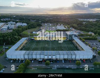 Aerial view of the Tony Macaroni Arena, the home of Livingston Football Club, Almondvale, Livingston, West Lothian, UK. Stock Photo