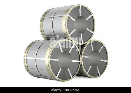 Stack stainless steel coils. Rolls of steel sheet, 3D rendering isolated on white background Stock Photo