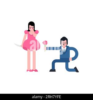 Changing wife. girl betrayed. Woman traitor with knife. Concept of sticking a knife in husband's back. Stock Vector