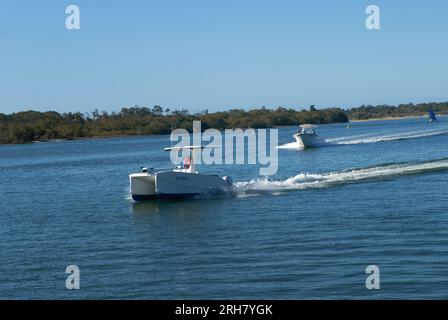 Small catamaran, Noosa River, Queensland, Australia. Stock Photo