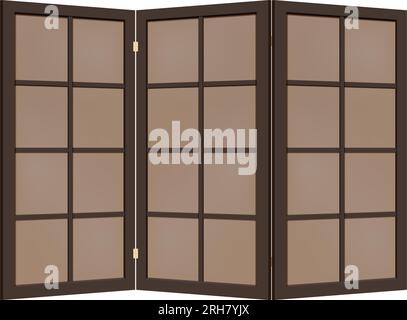 Dark folding screen with wooden frame and glass or paper walls to use in toilet room as divider. Three-fold paravan in japan style. Vector illustratio Stock Vector