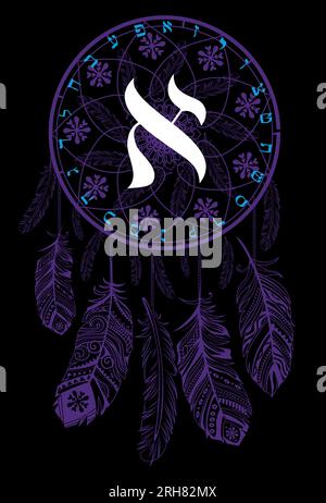 Vector illustration of the Hebrew alphabet in an ethnic design.Hebrew letter called Aleph next to a dream catcher. Stock Vector