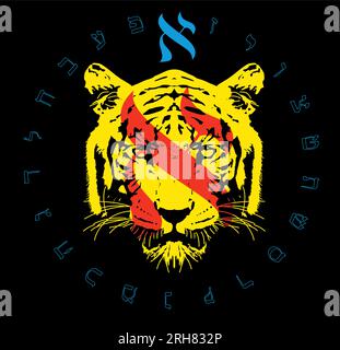 Vector illustration of a tiger face next to the Hebrew alphabet. Hebrew letter called Aleph garnde and blue. Stock Vector