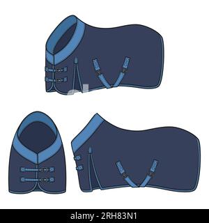 Set of color illustration with blue horse blanket, horsecloth. Isolated vector objects on white background. Stock Vector