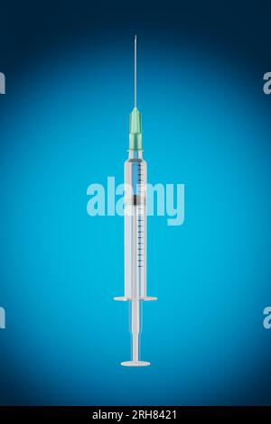 Disposable syringe filled with transparent liquid on a blue gradient background. Vaccination concept. An injection of medicine, an antibiotic. 3d rend Stock Photo